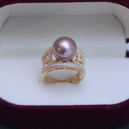 Wide Chain White/ Purple Pearl Ring - 18K Gold Vermeil / Sterling Silver