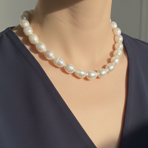 12-13mm White Bold Large Baroque Freshwater Pearl Necklace
