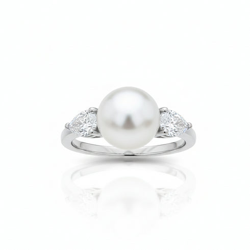 Marquise Diamond Pearl Open Ring – Sterling Silver