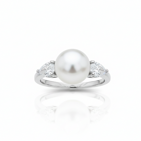 Marquise Diamond Pearl Open Ring – Sterling Silver