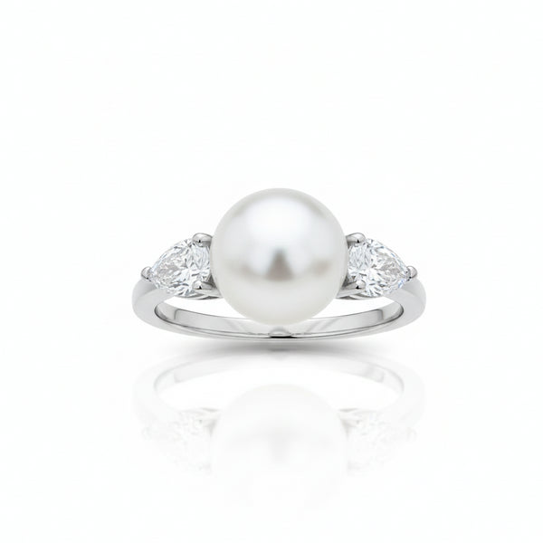 Marquise Diamond Pearl Open Ring – Sterling Silver