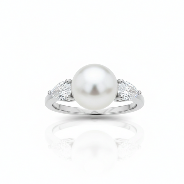 Marquise Diamond Pearl Open Ring – Sterling Silver