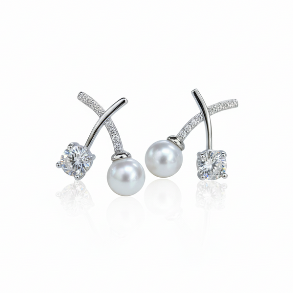 Modern Zirconia X Cross Line Pearl Stud Earrings - Sterling Silver