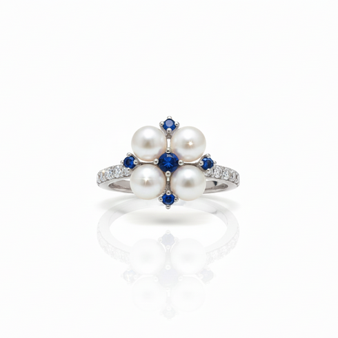 Vivid Blue Zirconia Pearl Flower Ring – Sterling Silver