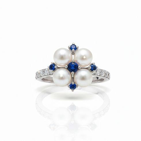 Blue Diamond Pearl Floral Ring