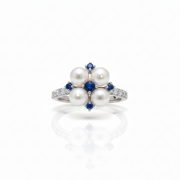 Vivid Blue Zirconia Pearl Flower Ring – Sterling Silver