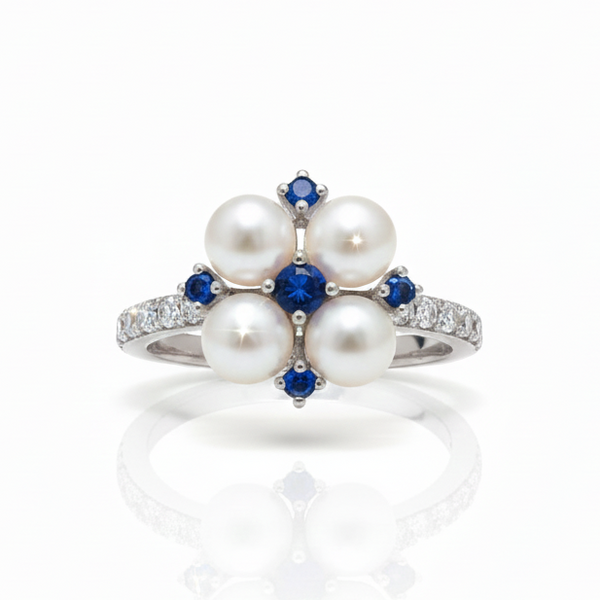 Blue Diamond Pearl Floral Ring