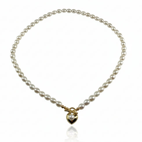 Heart Lock Rice Pearl Collar Necklace
