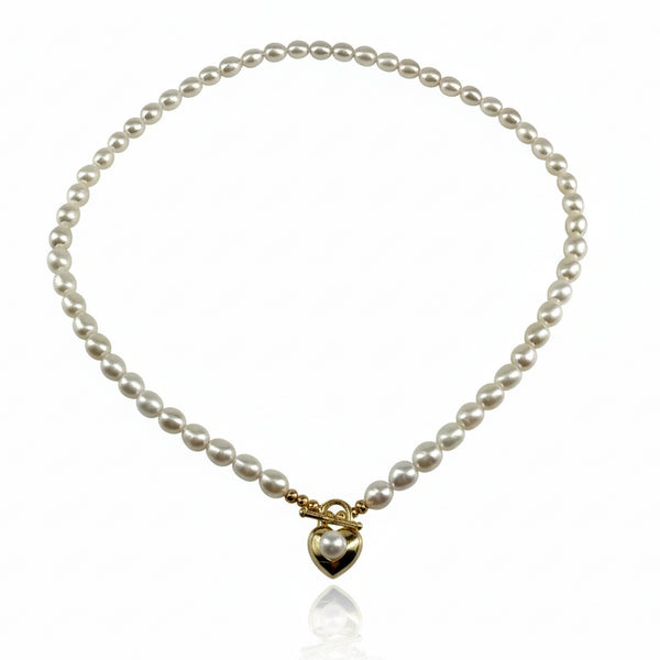 Heart Lock Rice Pearl Collar Necklace