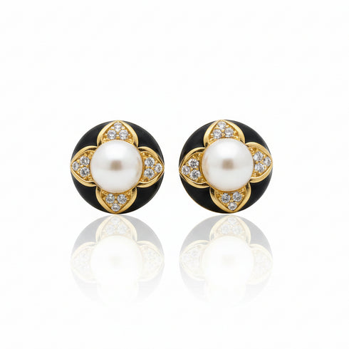 Vintage Black Floral Pearl Stud Earrings / Ring / Necklace – Sterling Silver / Gold Vermeil