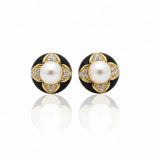 Vintage Black Floral Pearl Stud Earrings / Ring / Necklace – Sterling Silver / Gold Vermeil