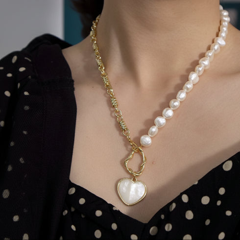 Shell Heart Pendant Pearl Chain Necklace