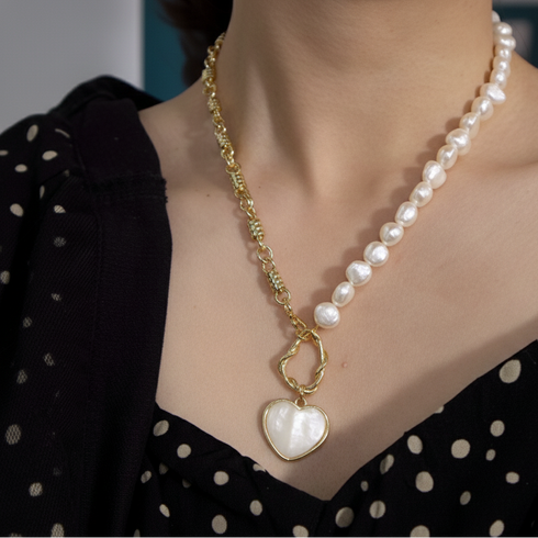 Shell Heart Pendant Pearl Chain Necklace