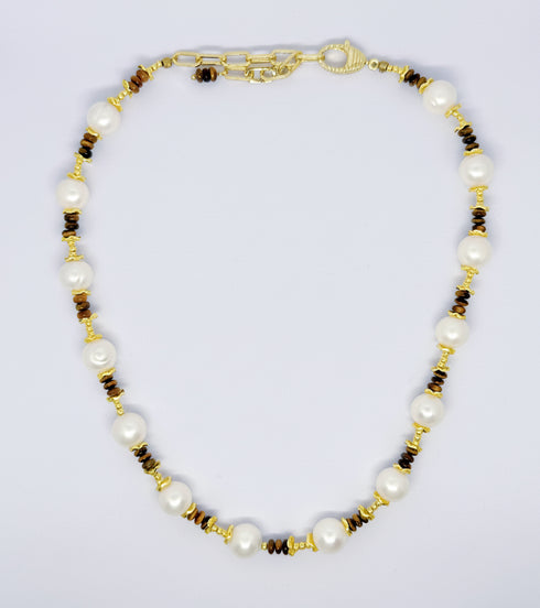 Brown Tiger Eye Gemstone Baroque Pearl Necklace
