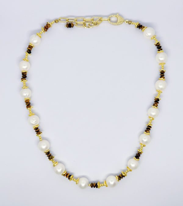 Brown Tiger Eye Gemstone Baroque Pearl Necklace