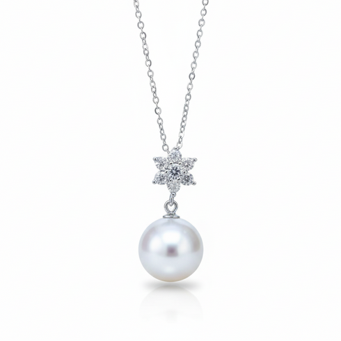 Snow Flower Diamond Pearl Drop Necklace – Sterling Silver