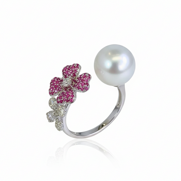 Pink Flower Motifs Pearl Open Ring - Sterling Silver