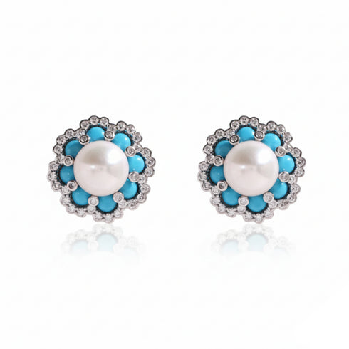 Flower Turquoise Pearl Stud Earrings