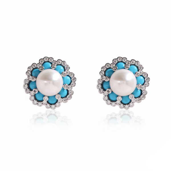 Flower Turquoise Pearl Stud Earrings