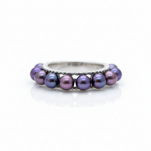 Purple Freshwater Pearl Beaded Open Ring - Sterling Silver