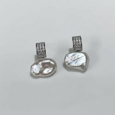 Cube Zirconia Baroque Pearl Stud Earrings