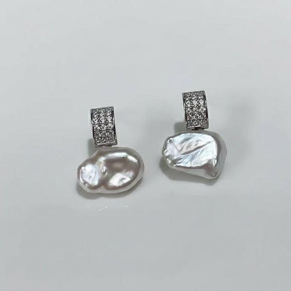 Cube Zirconia Baroque Pearl Stud Earrings