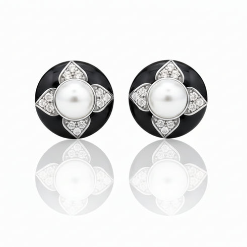 Vintage Black Floral Pearl Stud Earrings / Ring / Necklace – Sterling Silver / Gold Vermeil