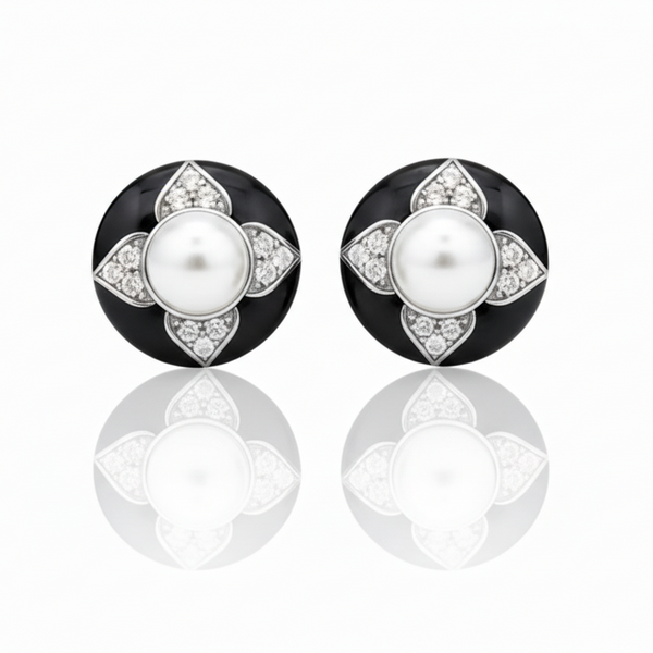 Vintage Black Floral Pearl Stud Earrings / Ring / Necklace – Sterling Silver / Gold Vermeil