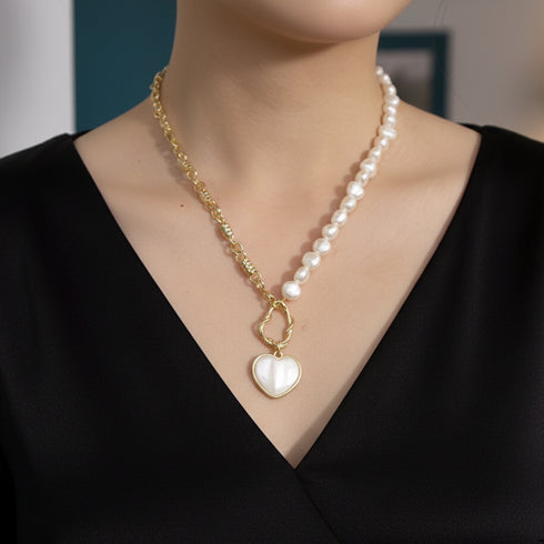 Shell Heart Pendant Pearl Chain Necklace
