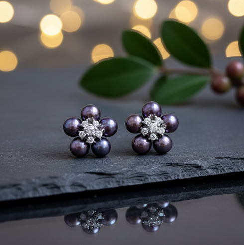 Purple Freshwater Pearl Flower Stud Earrings - Sterling Silver