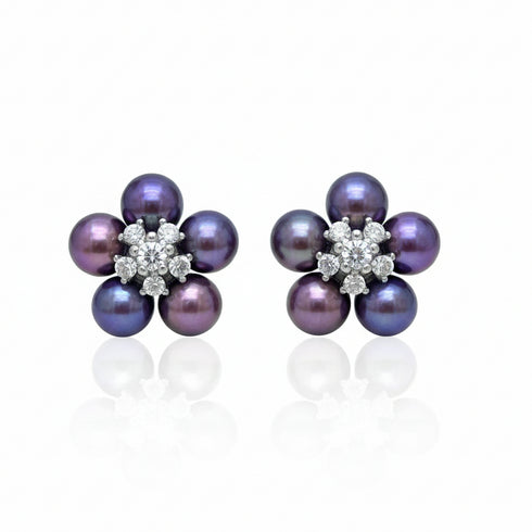 Purple Freshwater Pearl Flower Stud Earrings - Sterling Silver