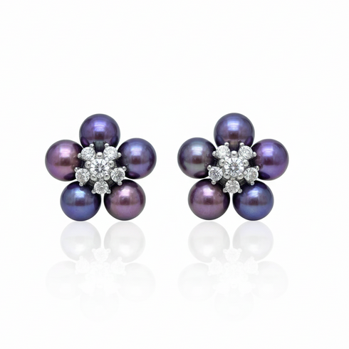 Purple Freshwater Pearl Flower Stud Earrings - Sterling Silver