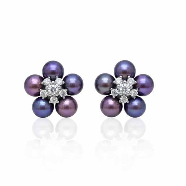 Purple Freshwater Pearl Flower Stud Earrings - Sterling Silver