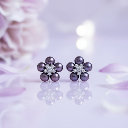 Purple Freshwater Pearl Flower Stud Earrings - Sterling Silver