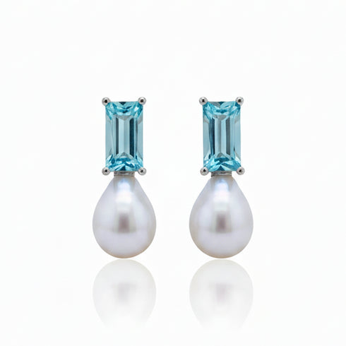 Blue Crystal Rectangle Baroque Pearl Stud Earrings