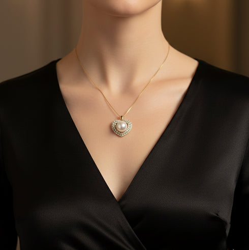 Radiant Zirconia Heart Pearl Pendant Necklace – Gold Vermeil