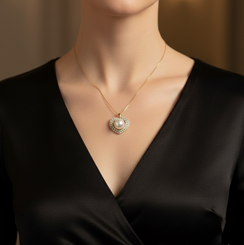 Radiant Zirconia Heart Pearl Pendant Necklace – Gold Vermeil