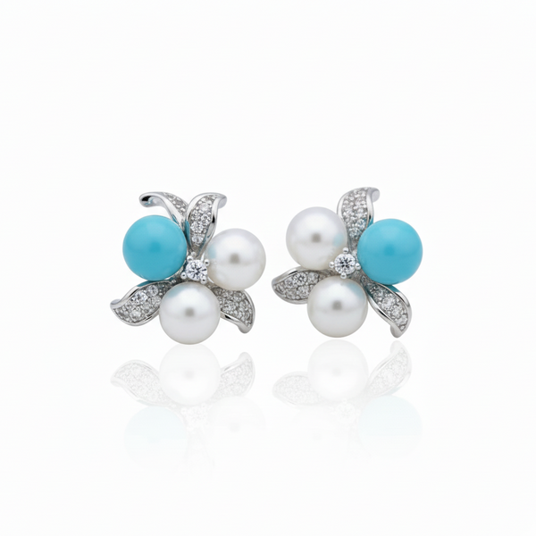 Floral Blue Turquoise Pearl Stud Earrings - Sterling Silver