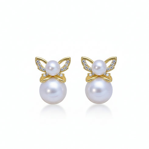 Butterfly Dual Pearl Stud Earrings - Gold Vermeil