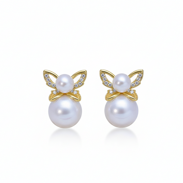 Butterfly Dual Pearl Stud Earrings - Gold Vermeil