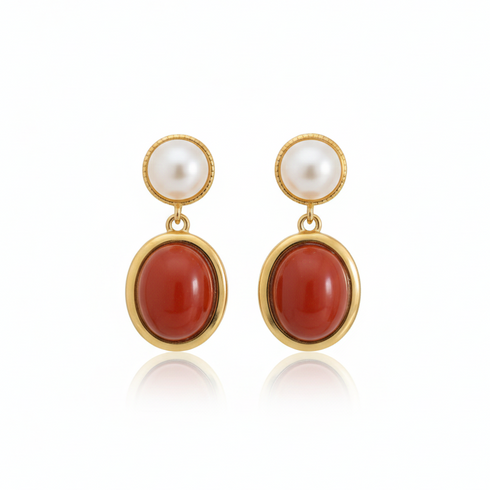 Red Agate Pearl Drop Earrings