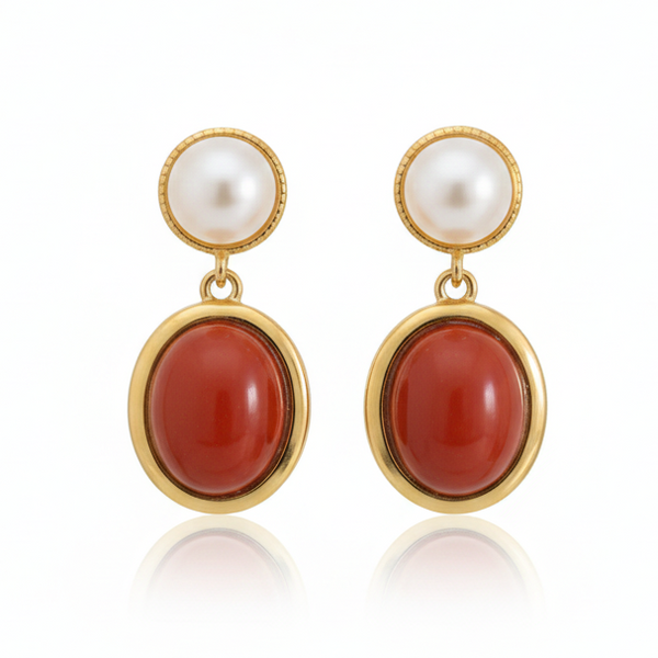 Oval Red Agate Pearl Drop Earrings