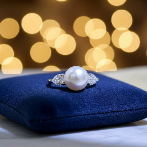 Marquise Diamond Pearl Open Ring – Sterling Silver