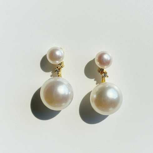 Elegant Dual Pearl Zirconia Stud Earrings - Gold Vermeil