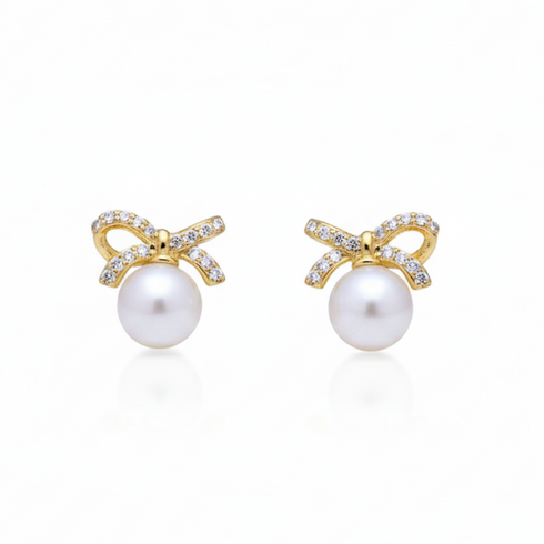 Gold Bow Pearl Stud Earrings – Gold Vermeil