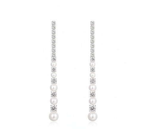 Long Line Zirconia Pearl Earrings - Sterling Silver