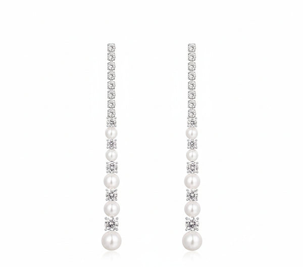 Long Line Zirconia Pearl Earrings - Sterling Silver