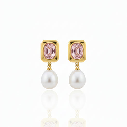 Rose Quartz Stud Pearl Drop Earrings