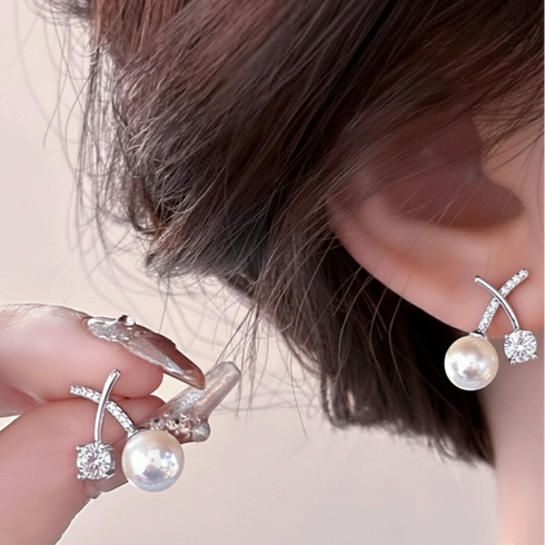 Modern Zirconia X Cross Line Pearl Stud Earrings - Sterling Silver