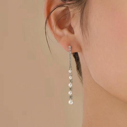 Long Line Zirconia Pearl Earrings - Sterling Silver
